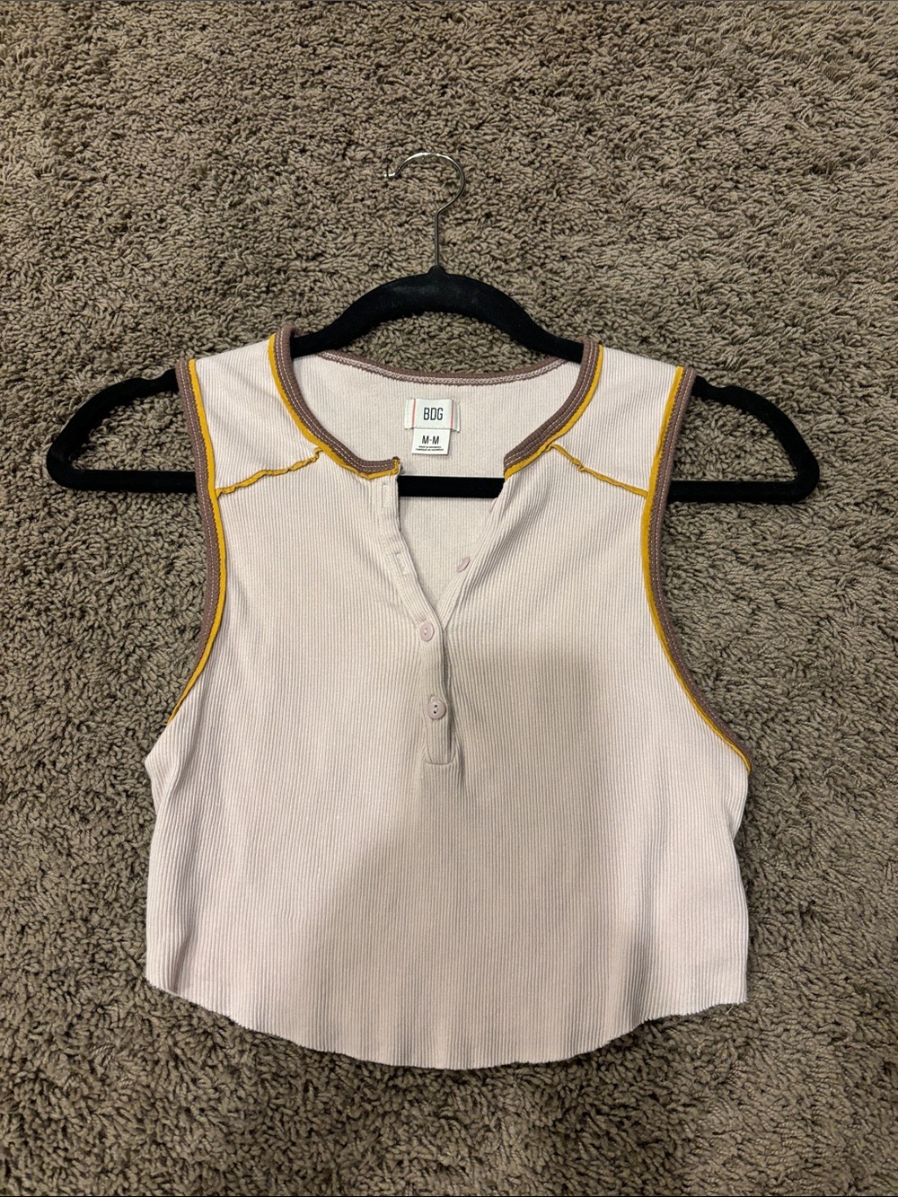 BDG Ivory Ribbed Henley Crop Tank with Mustard Trim